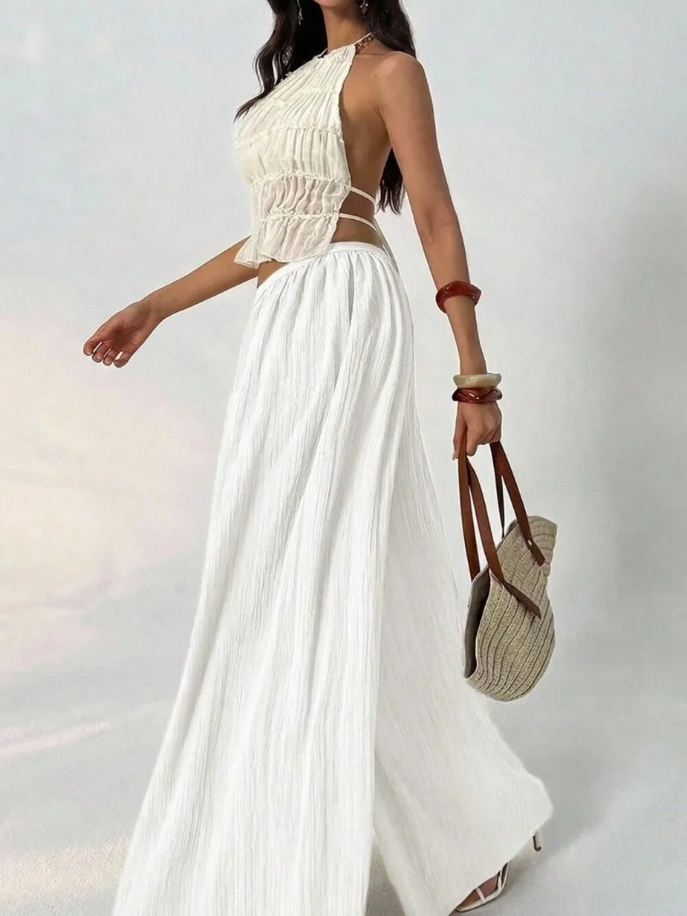 White Casual Women's Loose Textured Palazzo Pants